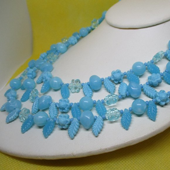 SIGNED W GERMANY NECKLACE Triple Strand Blue Flower Necklace Fruit Salad Beaded - Picture 5 of 12
